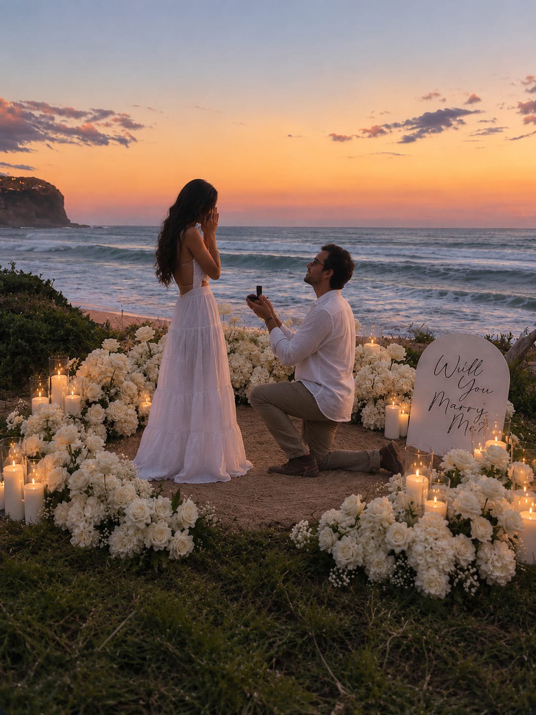 Sunset beach marriage proposal with a couple surrounded by white flowers and candlelight