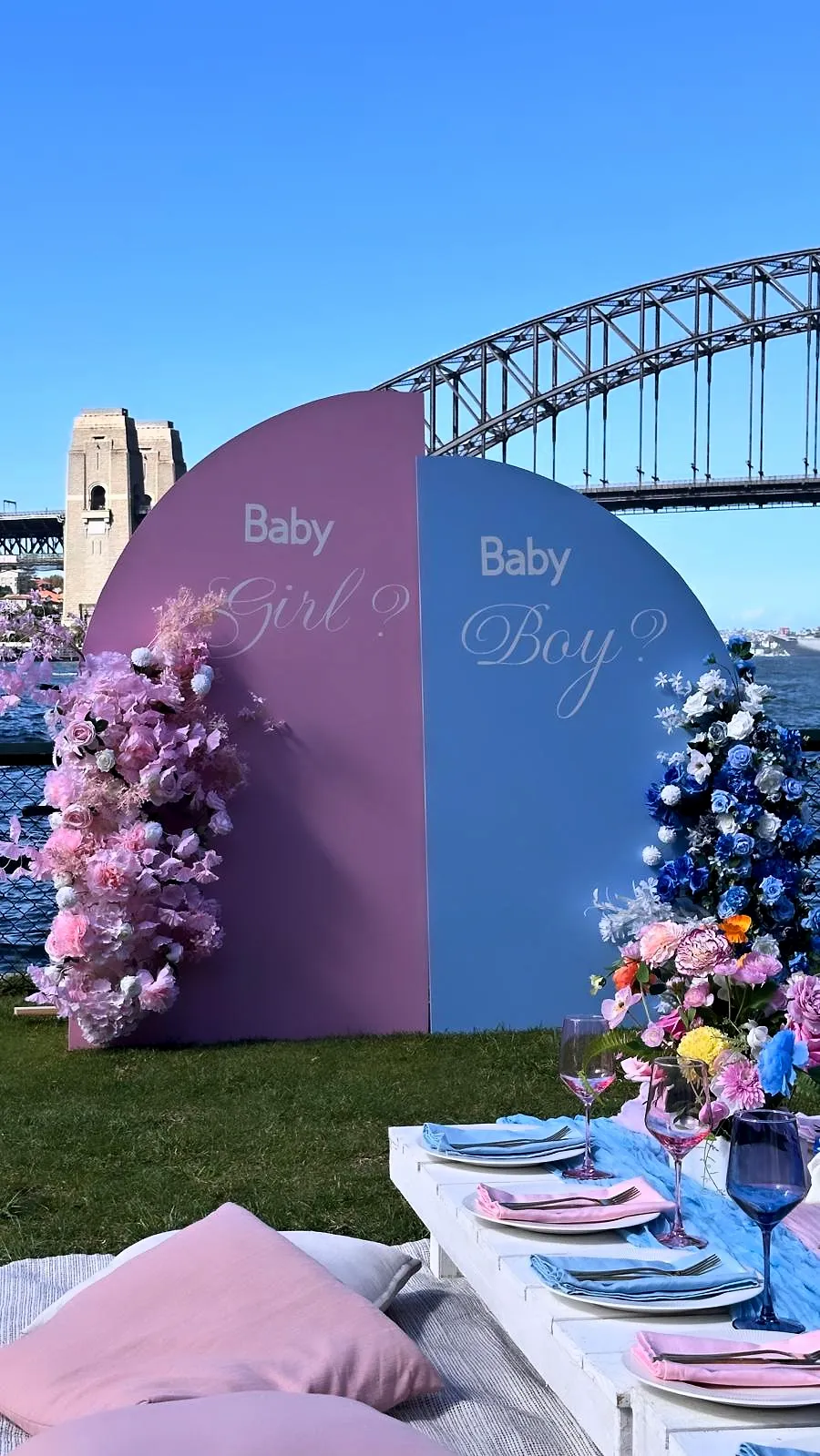 Gender reveal backdrop in pink and blue with florals and a picnic, beside Sydney Harbour Bridge